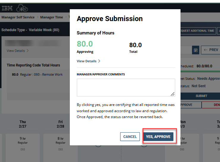 Approve submission dialog box with yes approve button highlighted