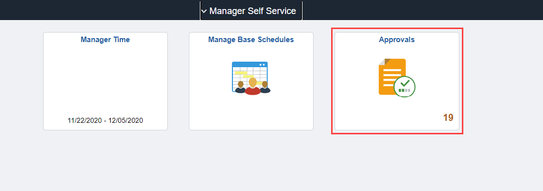 Screenshot of the Manager Self Service homepage with Approvals highlighted