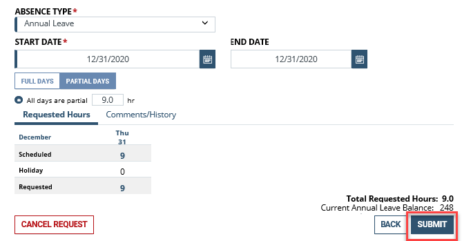 Screenshot of the absence type box with submit Button highlighted