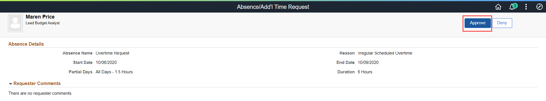 Screenshot of the absence/add time request dialog box with approve highlighted