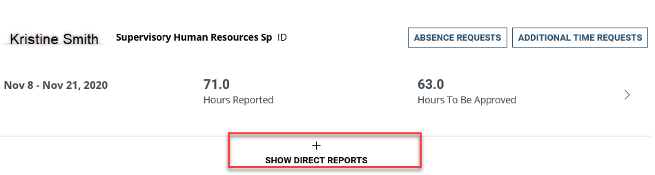 Screenshot of the Manager Time tile with show direct reports highlighted