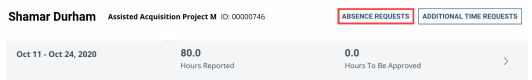 Screenshot of the Manager Time tile with Absence Requests Button highlighted