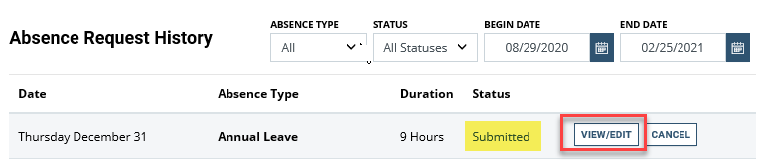 Screenshot of the absence request box with View/Edit Button highlighted