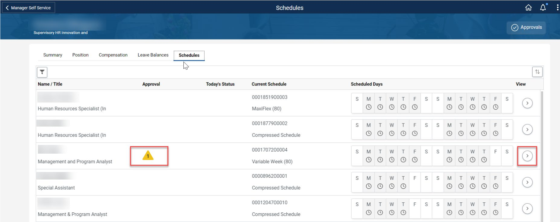 Timesheet entry of base schedule with alert icon and view icon highlighted