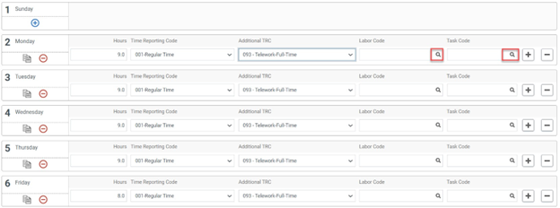 Timesheet entry of base schedule with magnifying glass icons highlighted