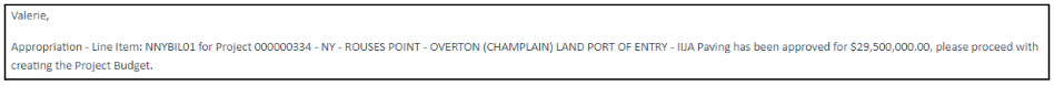 Example of an email triggered by the Office of Budget for a baseline obligation.