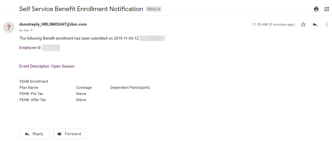 Benefit enrollment notification email