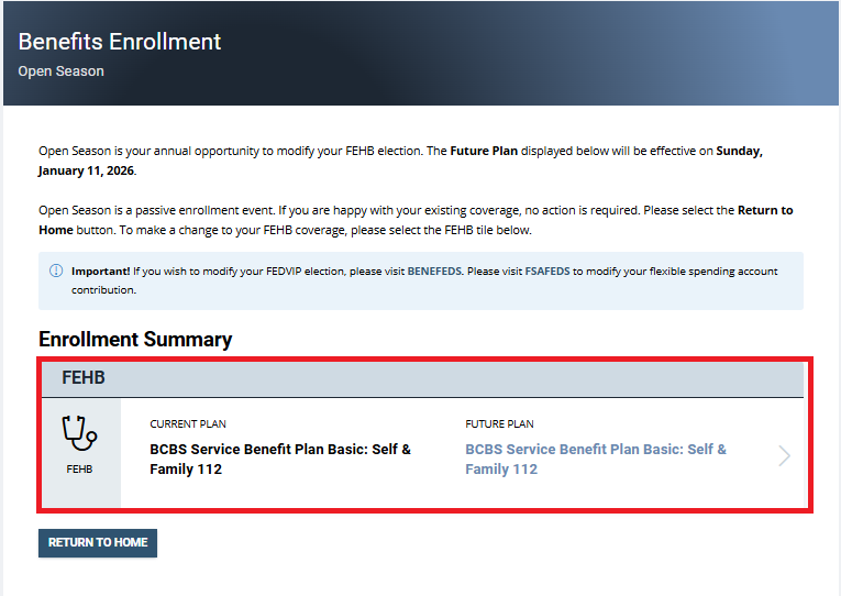 Benefits enrollment page with FEHB plan box highlighted