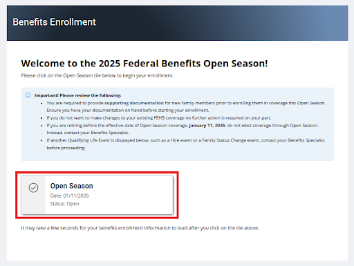 Benefits enrollment page with open season box highlighted
