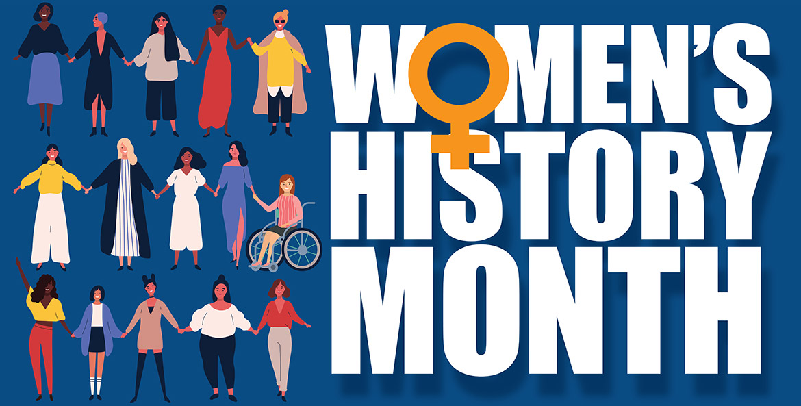 Women's History Month illustration with 15 women on the left