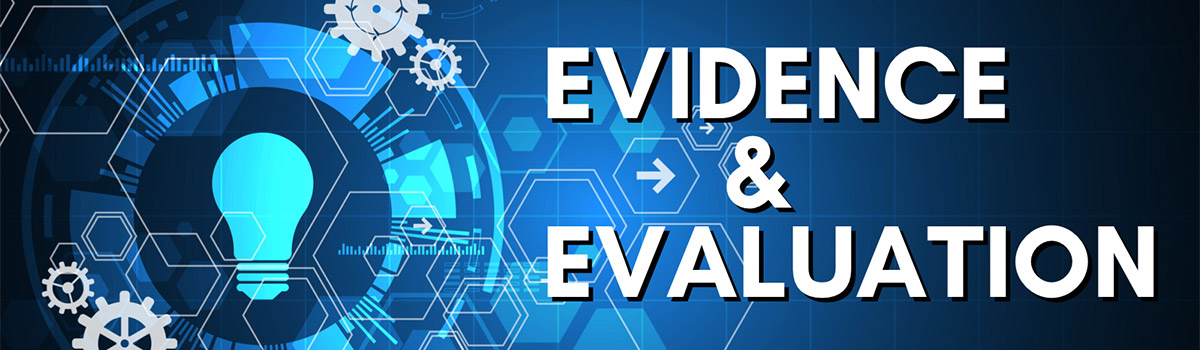 Light bulb and abstract circles and gears with text Evidence and Evaluation