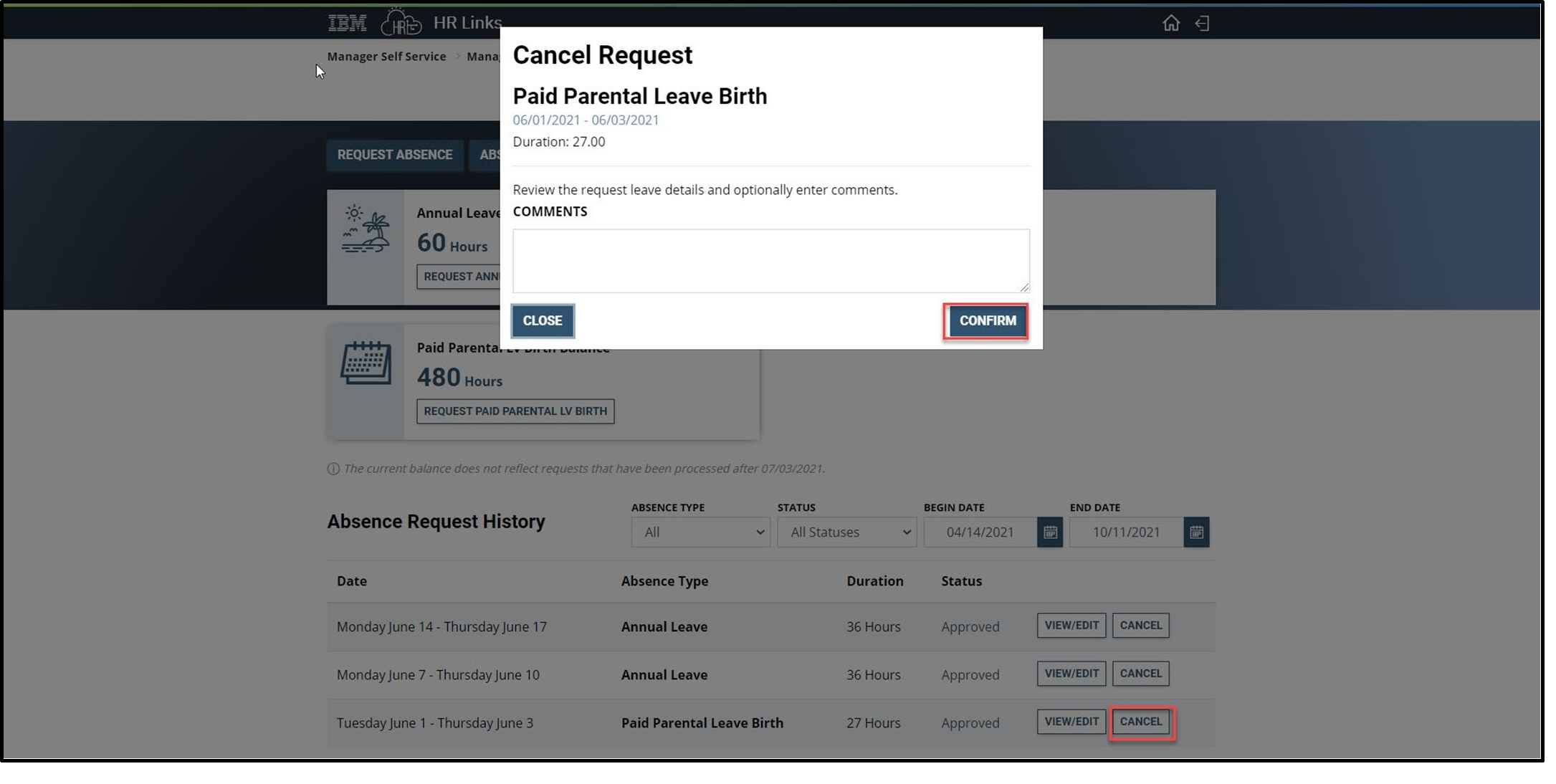 Timesheet entry with cancel paid parental leave request dialog box and confirm button highlighted