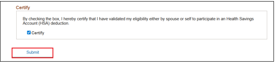 HSA deduction certify area with submit button highlighted