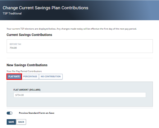 Change current savings plan contributions box with flat rate box highlighted under new savings plan contributions