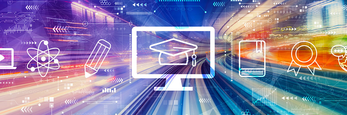 Learning icons like a pencil and ribbon in white with a colorful background of a road and motion