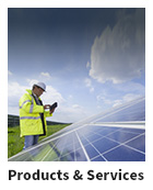 Man in yellow jacket and hard hat next to solar panels with text Products & Services