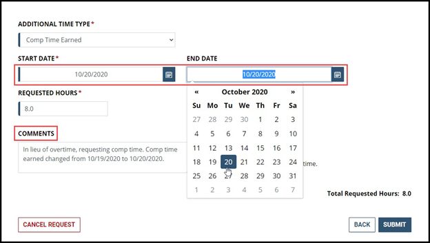 Comp time earned entry with start date, end date, and calendar highlighted