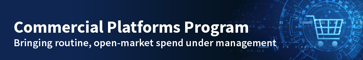 Text Commercial Platforms, modern, streamlined, mission-focused purchasing in white on dark blue background with abstract cart icon on right