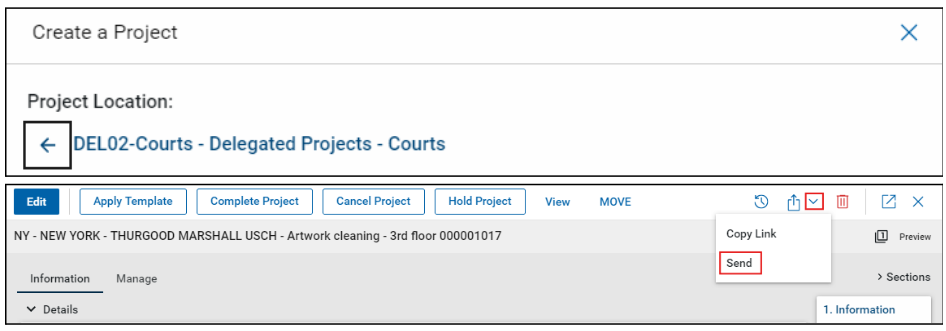 Create a project screen with the send button highlighted