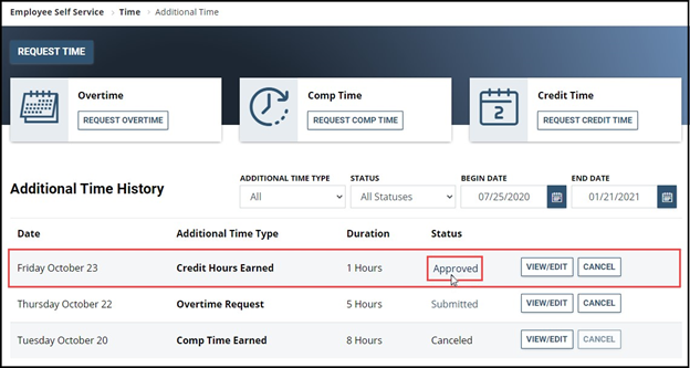 Credit hours earned entry with date, duration, status, and approved button highlighted