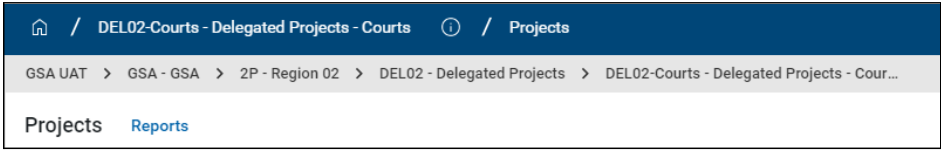 Delegated partition screen displaying projects and reports
