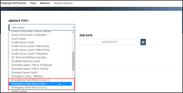  Absence type dropdown menu with emergency paid FMLA cat 2, paid sick cat 1, and paid sick cat 2 highlighted