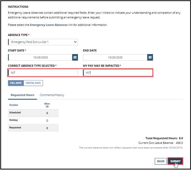 Timesheet entry with correct absence type selected and my pay may be impacted highlighted
