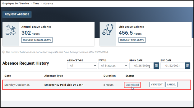 Timesheet entry with date, absence type, duration, status, and submitted status highlighted