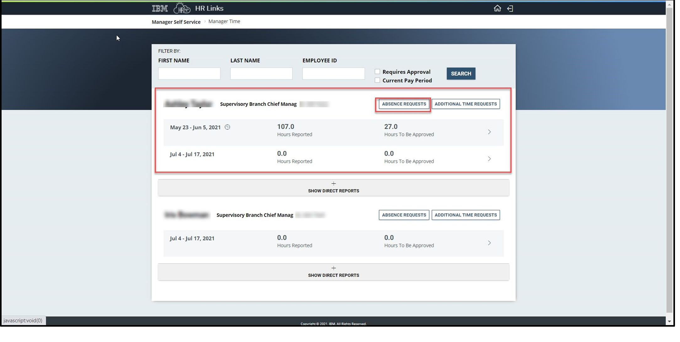 Timesheet entry with employee name, pay periods, and absence requests button highlighted
