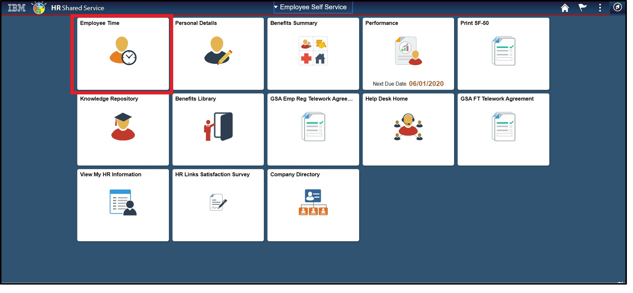 Timesheet entry with employee time tile highlighted