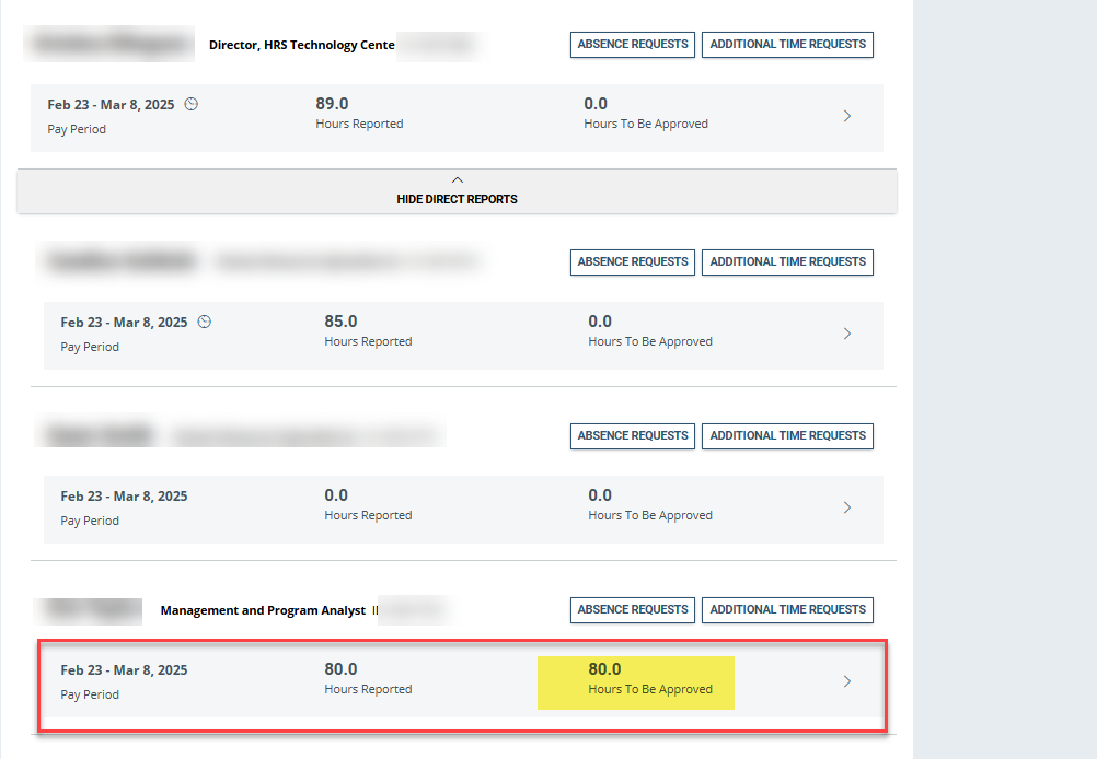 Employee timesheet for approval highlighted