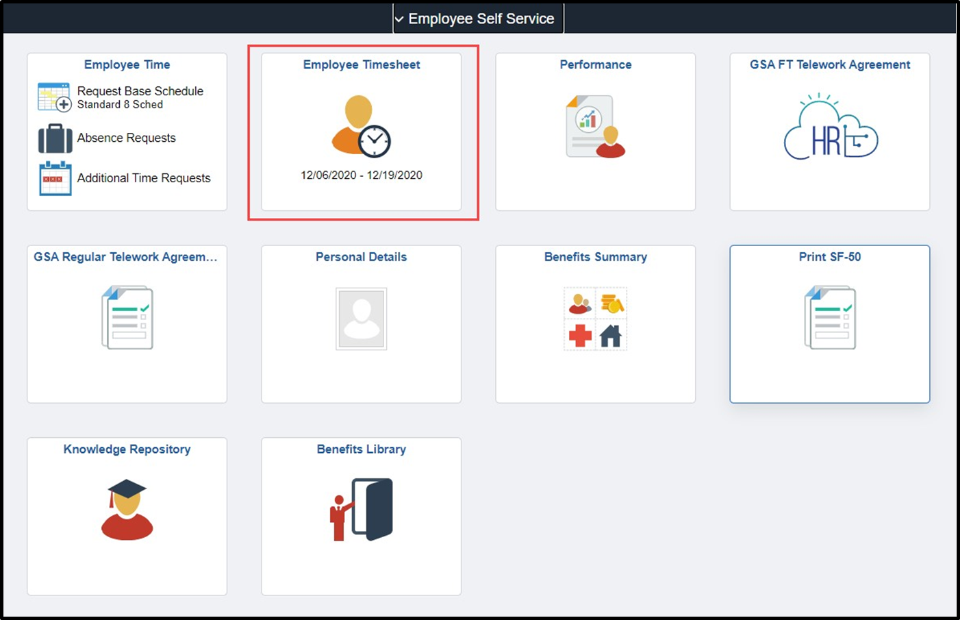 Employee Self Service homepage with Employee Timesheet tile highlighted