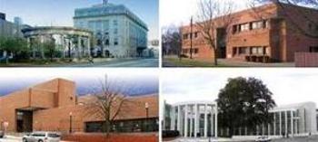 From left, going clockwise, The Harold D. Donohue Federal Office Building and Courthouse in Worcester, the Silvio O’ Conte Federal Building in Pittsfield, the Philbin Federal Building in Fitchburg and the  Springfield U.S. Courthouse in Springfield.