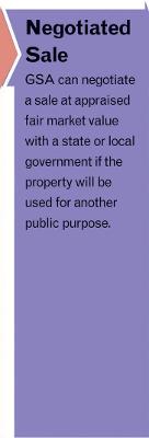 Disposal Process graphic step four with arrow pointing to text: &quot;Negotiated Sale: GSA can negotiate a sale at appraised fair market value with a state or local government if the property will be used for another public purpose.&quot;