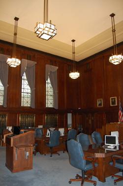 Interior courtroom shot featuring ceiling, lighti