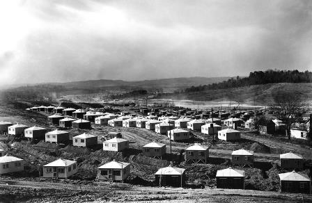 Temporary hutments housed thousands of construction workers in the valleys of Oak Ridge in 1945