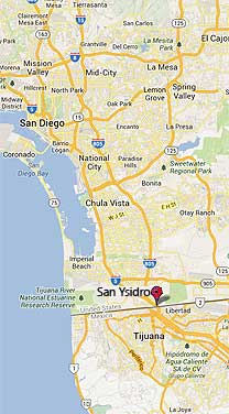map showing San Ysidro in proximity to Mexican Bo