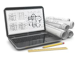 Photo of laptop computer, architectural drawings,