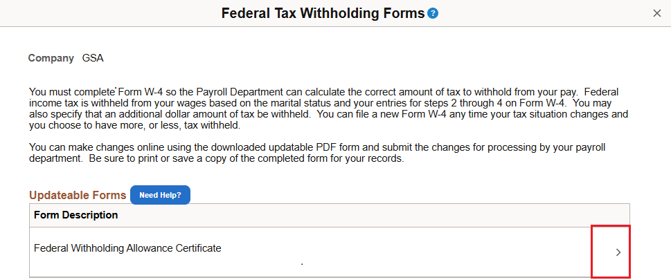 Federal withholding allowance certificate with right arrow highlighted