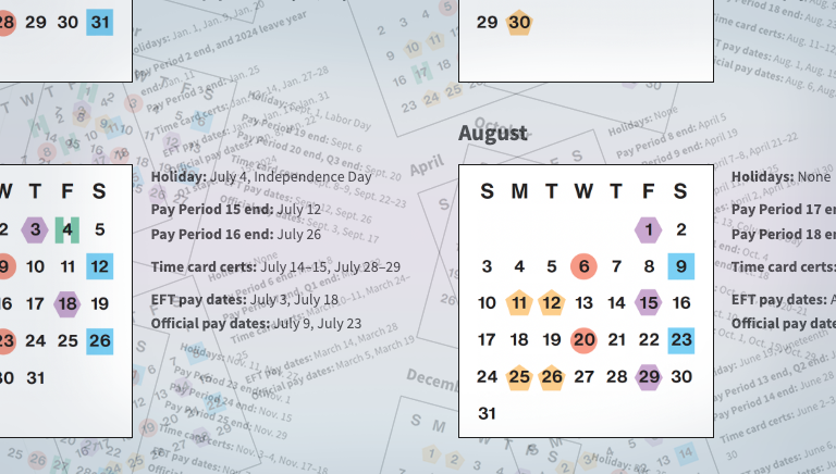 An illustration of geometric shapes showing parts of calendar months with the word August