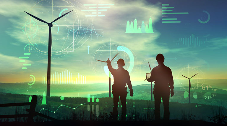 Silhouette of two workers and windmills against a green and yellow landscape and sky with abstract technology symbols overlaid