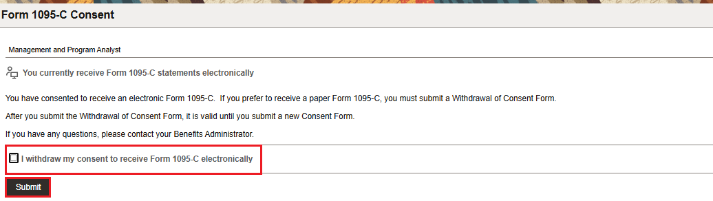 Withdraw consent for electronic form 1095-c box highlighted
