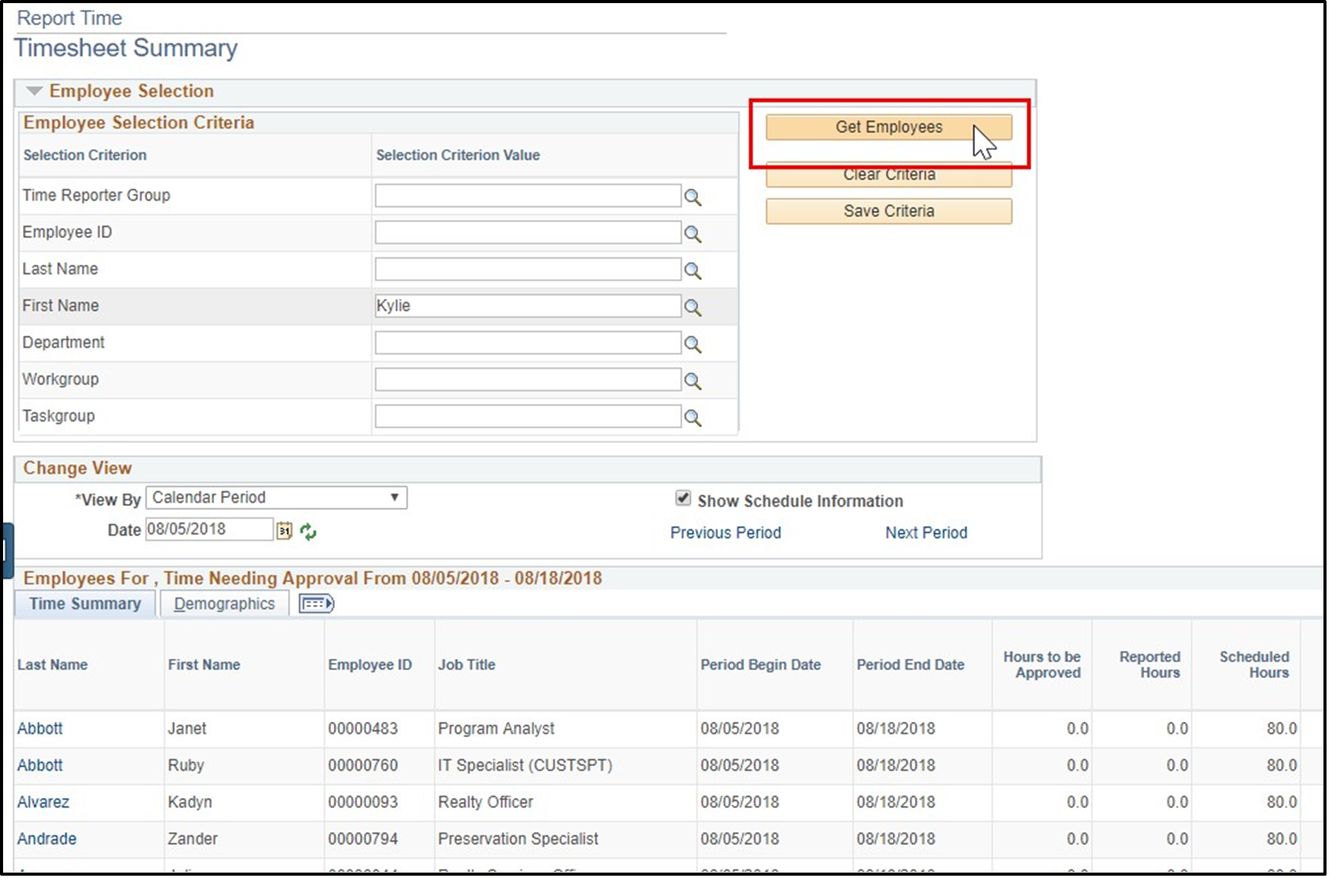 Timesheet entry with the get employees button highlighted