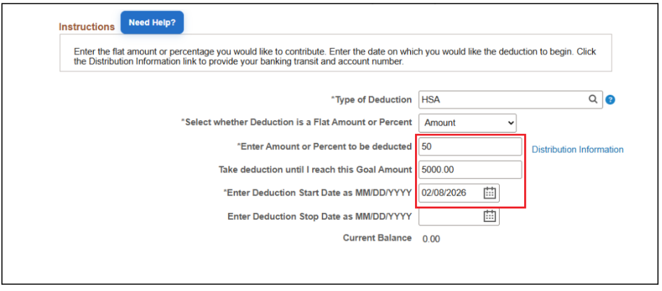 HSA deduction area with amount, goal, and date fields highlighted