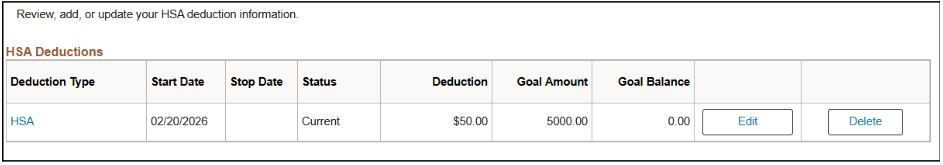 HSA deductions page with edit and delete buttons available