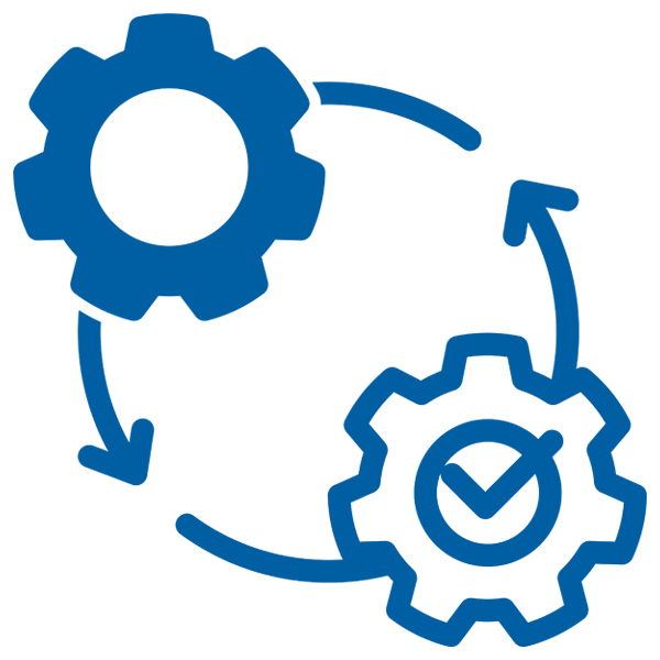 Blue icon of two gears within a circle showing transition