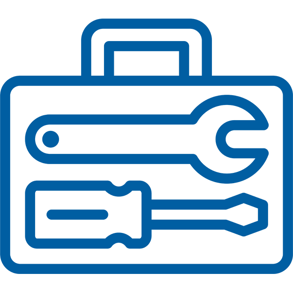 Blue icon of a toolkit with tools in it