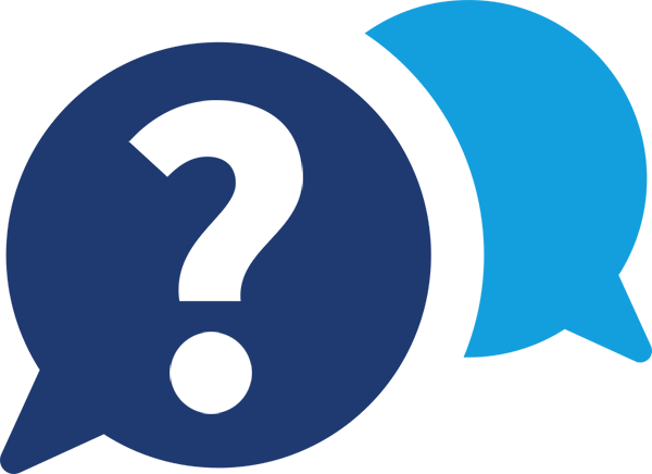 Icon of two overlapping blue text bubbles with a question mark in the left one