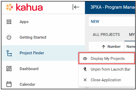 Kahua Project Finder with display my projects highlighted