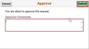 Timesheet entry with approve dialog box and approver comments field and submit button highlighted